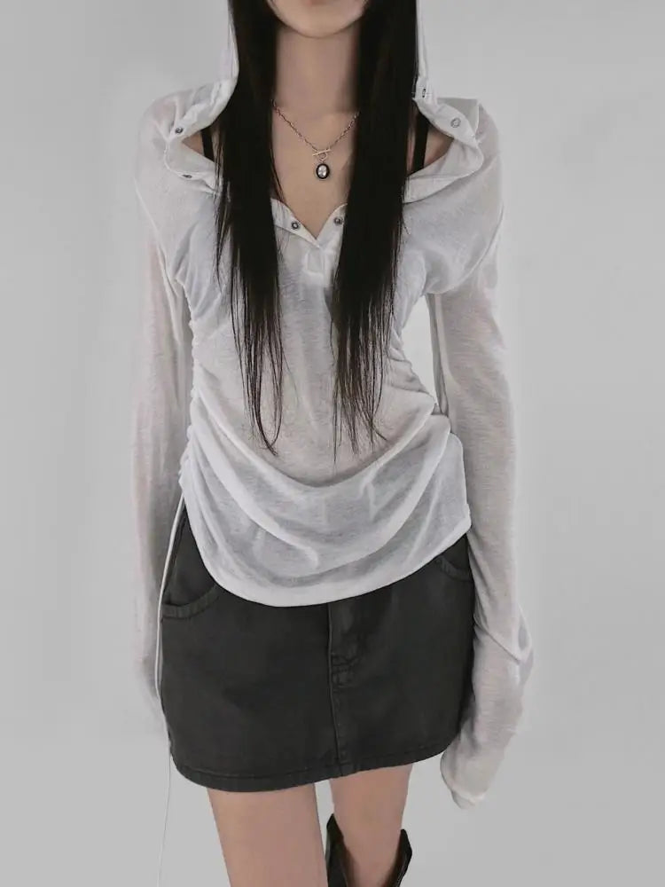 Hooded See Through Long Sleeve Sheer Top Main image