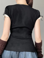 Contrast Lace Patchwork Y2K Black Crop Top