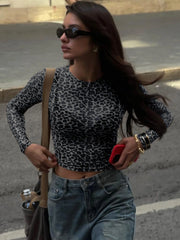 Leopard Printed Mesh Bodycon Long Sleeve Sheer Top