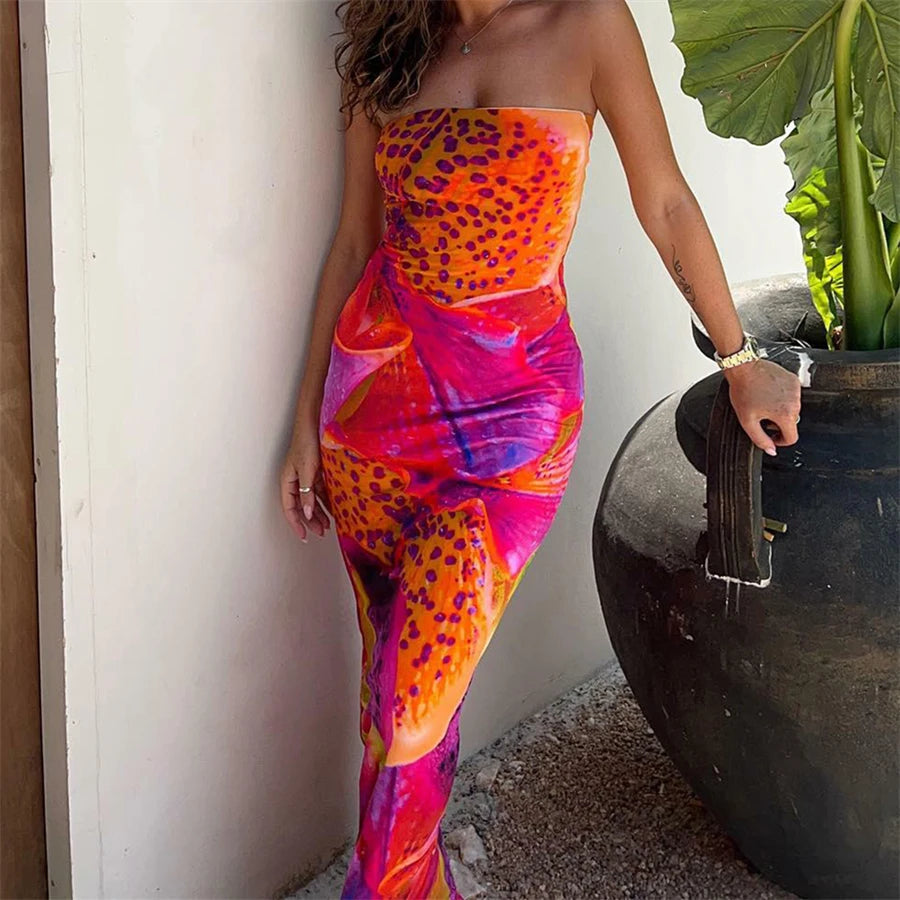 Leopard Print Strapless Maxi Dress