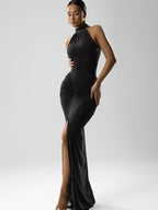 Ruched Halter Split Maxi Dress