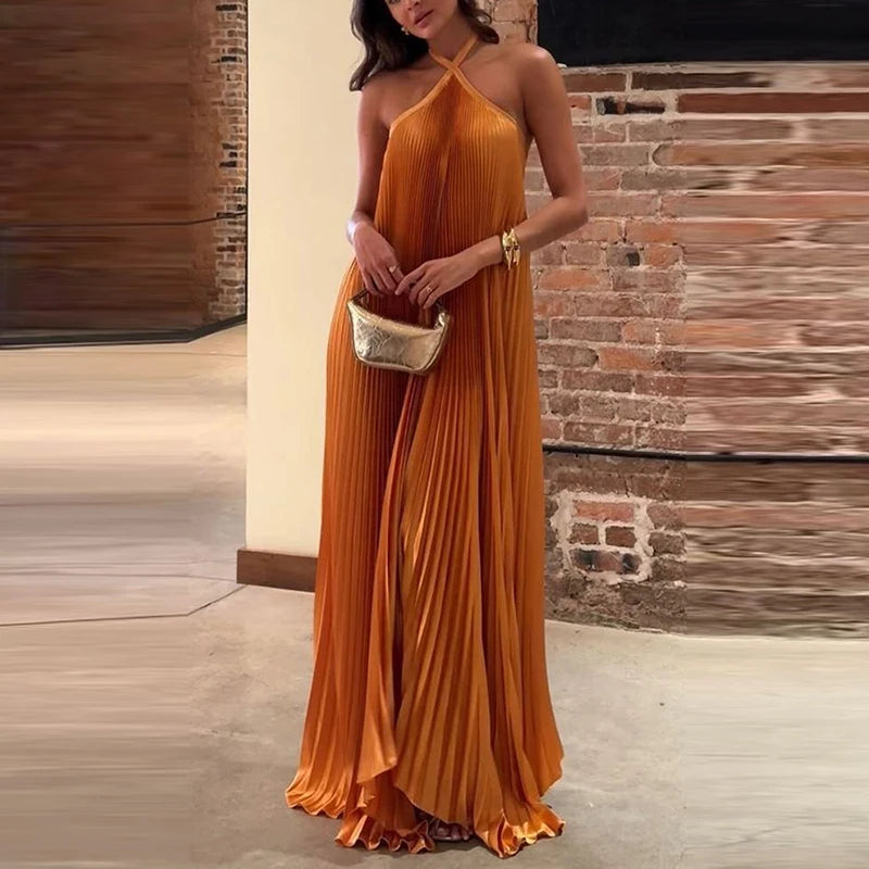 Rib Pleated Lace-up Maxi Dress Main image