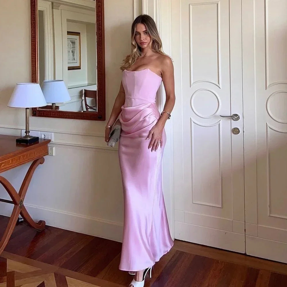 Strapless Pink Satin Corset Silk Dress Main image