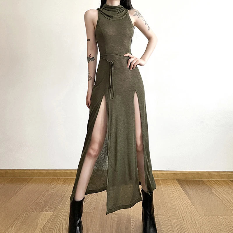 Hollow Back Slit Hooded Midi Dress Secondary image