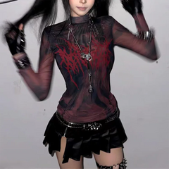 Grunge Aesthetics Print Mesh Sheer Top