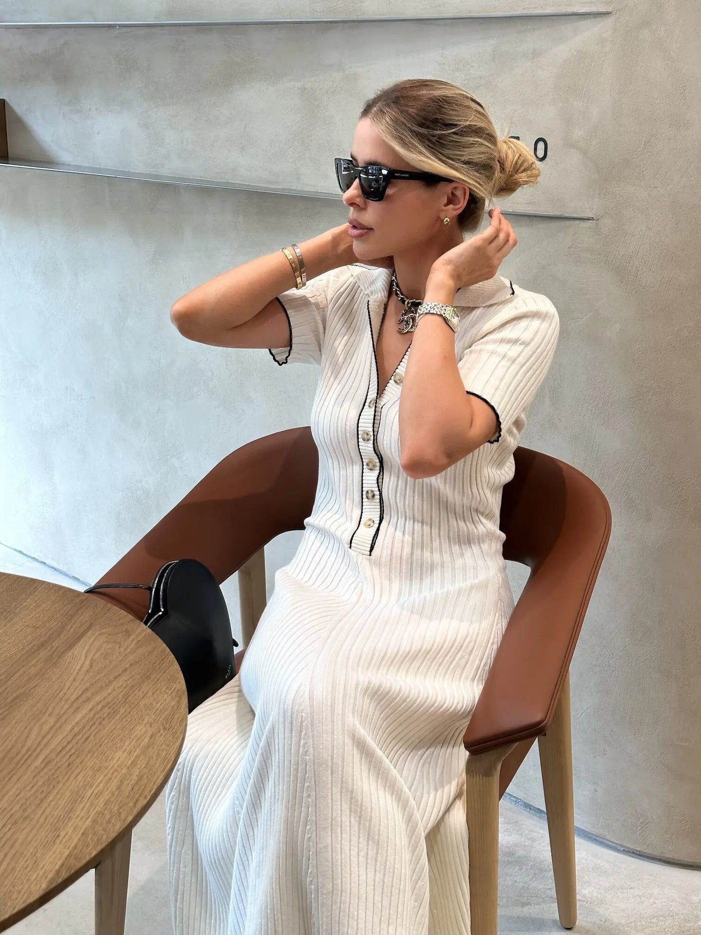 Denim Patchwork Knitted Short Sleeve Button Work Dress Secondary image
