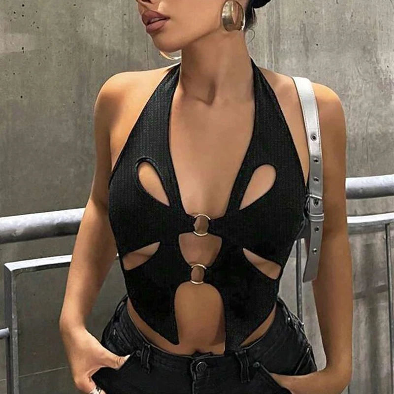 Backless Y2K Black Asymmetrical Slim Cami Top