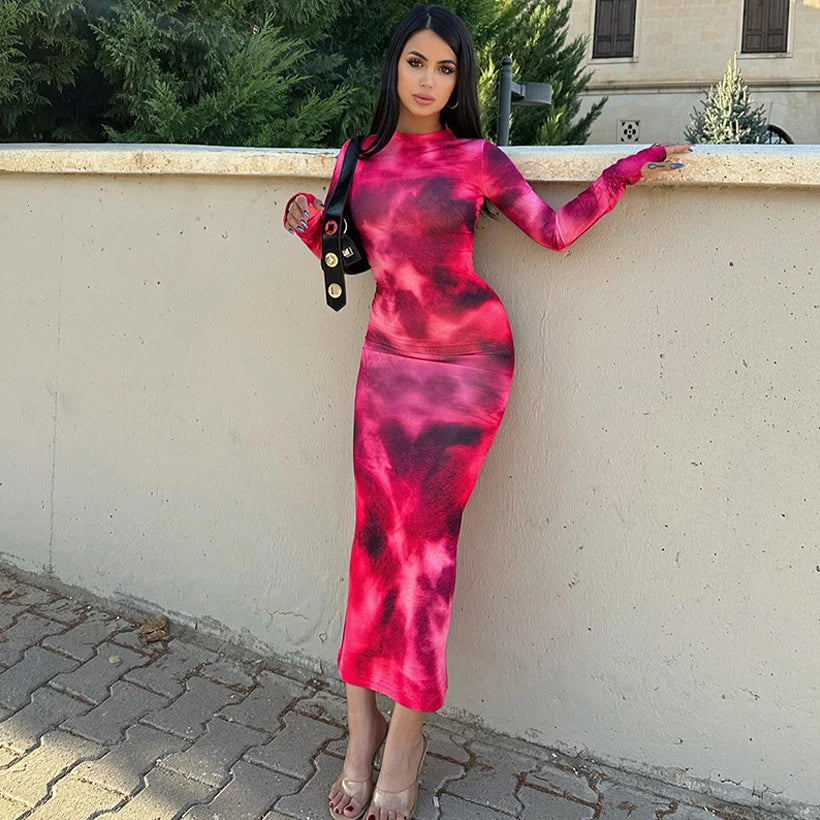 Tie Dye Long Sleeve Wrap Midi Dress Main image