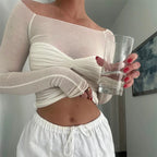 Twist Knit Lace Mesh Sheer Top