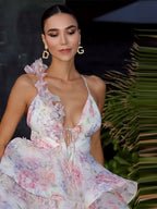 3D Floral Halter Layered V Neck Mini Dress