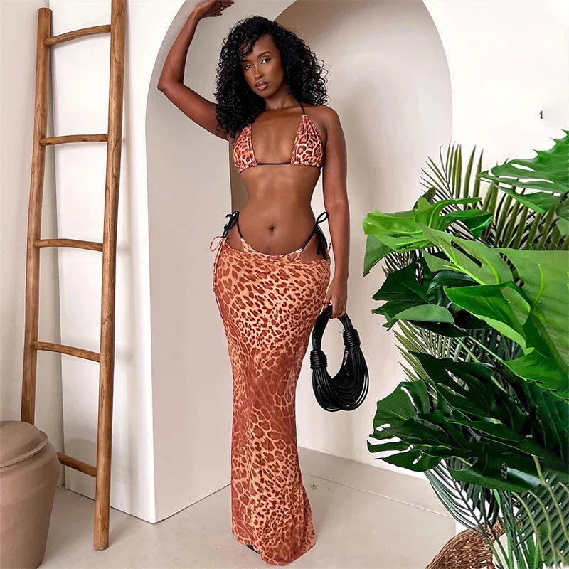 Zebra Leopard Print Bra Long Skirt Three Piece Swim Sets Main image