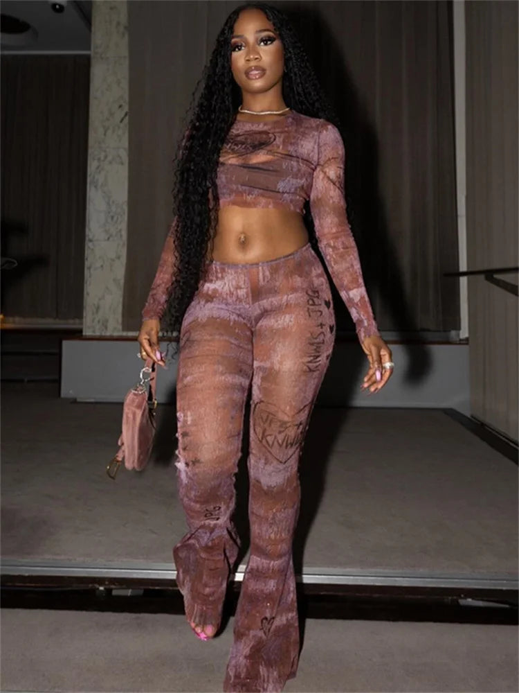 Print Mesh Flared Two Piece Pants Set Main image