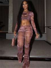 Print Mesh Flared Two Piece Pants Set