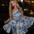 Single Shoulder Pleated Floral Dress