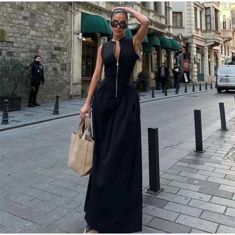 Sleeveless Spliced Zipper V-Neck Pleated Work Dress Main image
