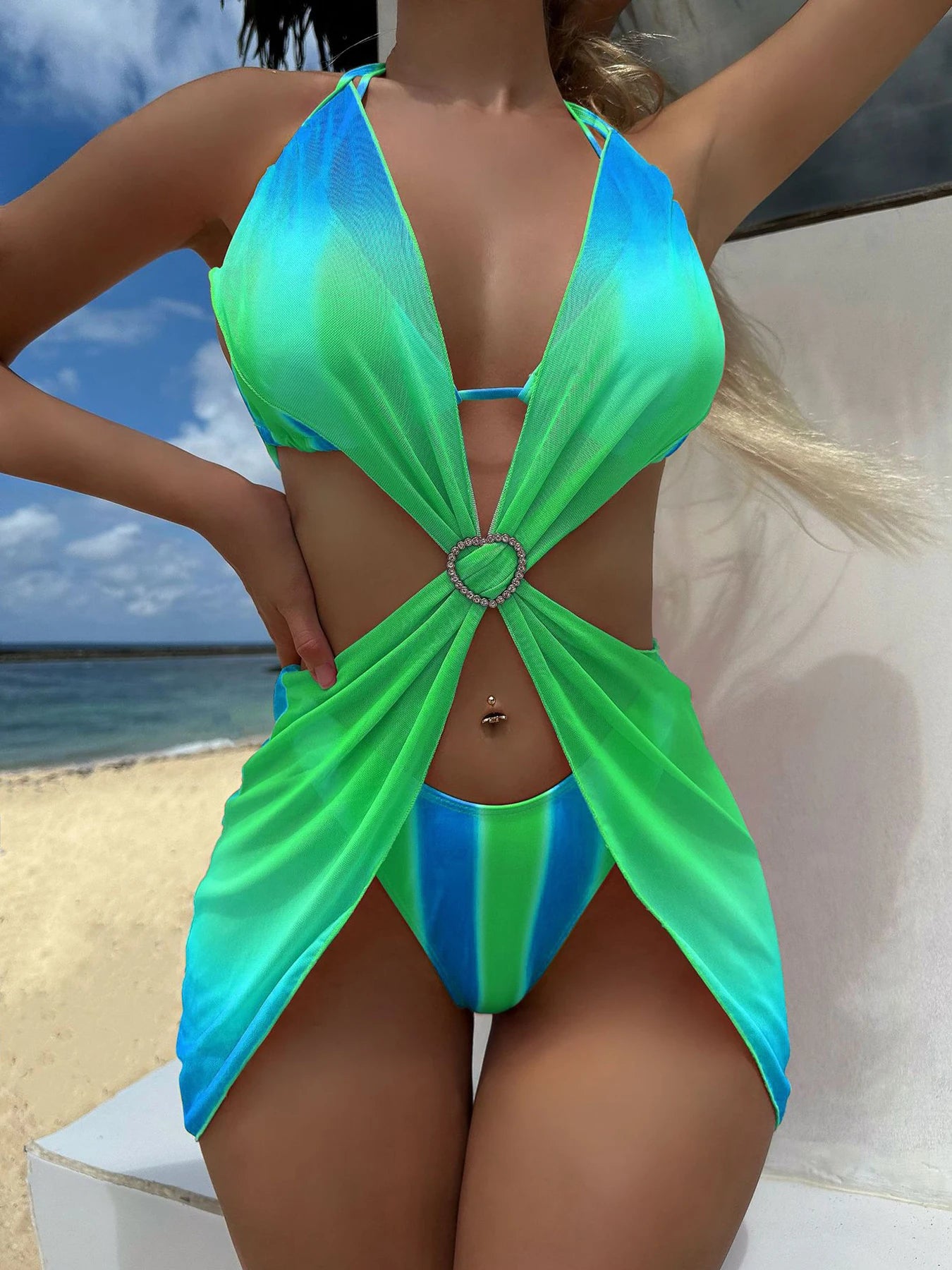 Gradient Mesh Skirt Summer  Three Piece Swim Sets Secondary image