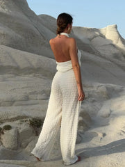 Pleated Halter Backless Wide Leg Two Piece Pants Set
