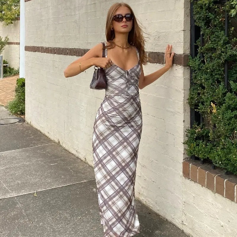 Plaid V-neck Backless Spaghetti Strap Slip Dress Main image