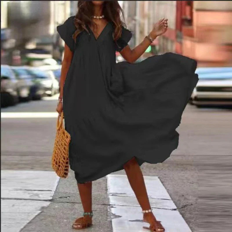 Cotton Linen Oversize Loose V-neck Boho Dress