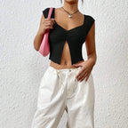 Pleated Deep V-Slit Slim Fit Crop Top