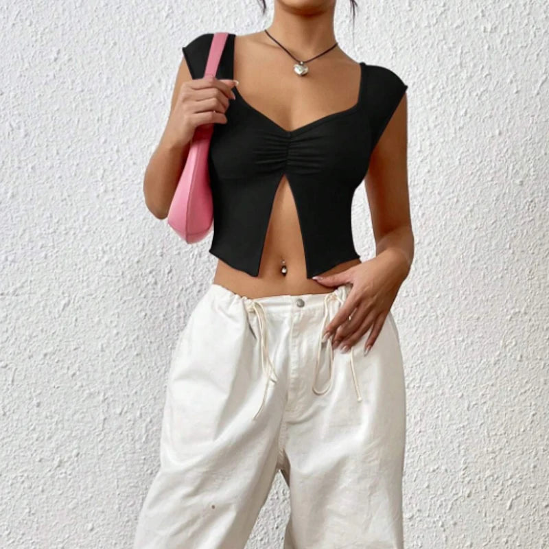 Pleated Deep V-Slit Slim Fit Crop Top Main image