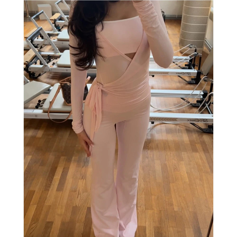 Y2K Tie-up Wrap V-neck Two Piece Pants Set