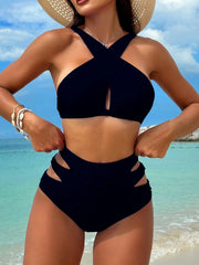 Solid Halter Neck Matching Two Piece Swim Sets