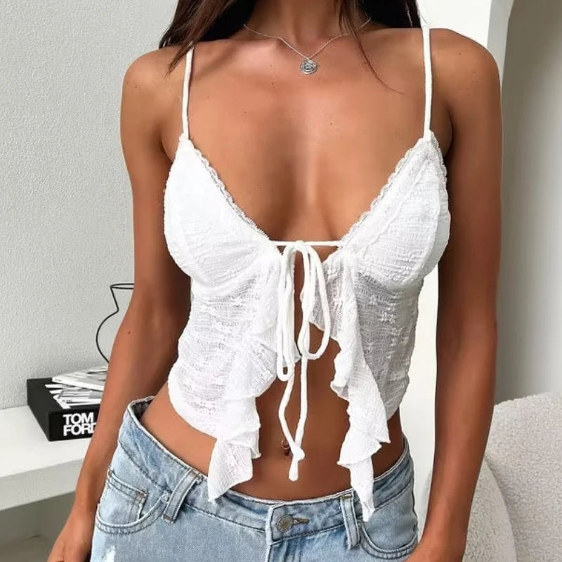 Tie Front Lace Trim Spaghetti Strap Cami Top Main image