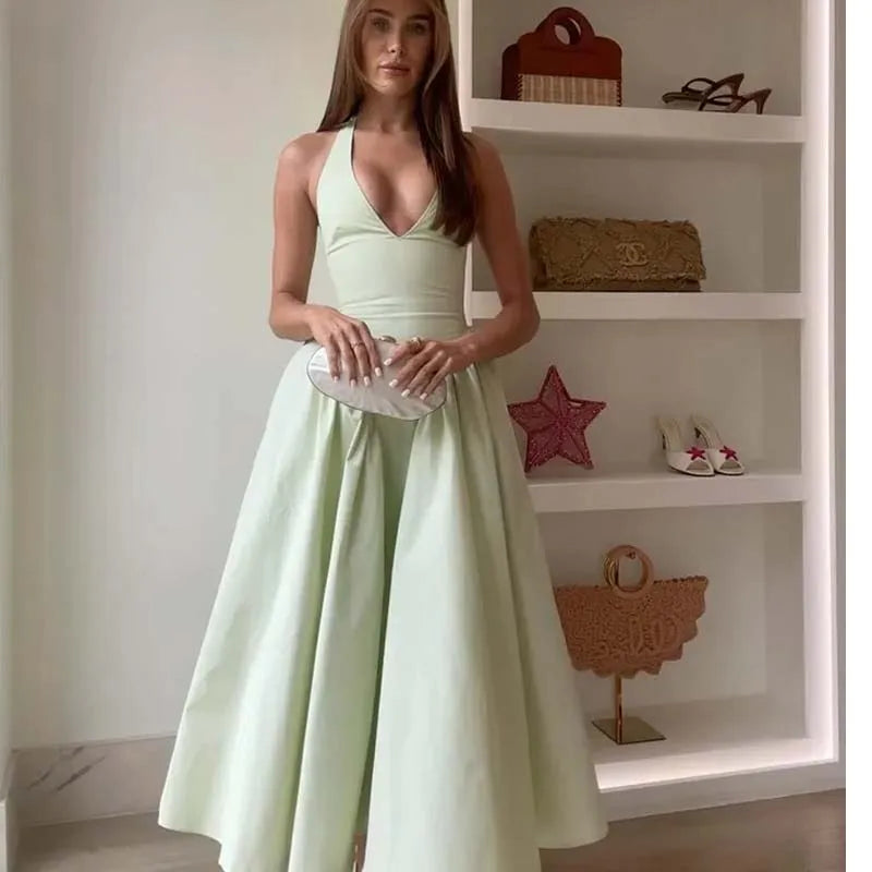 Backless Halter Green A-Line Midi Dress Main image
