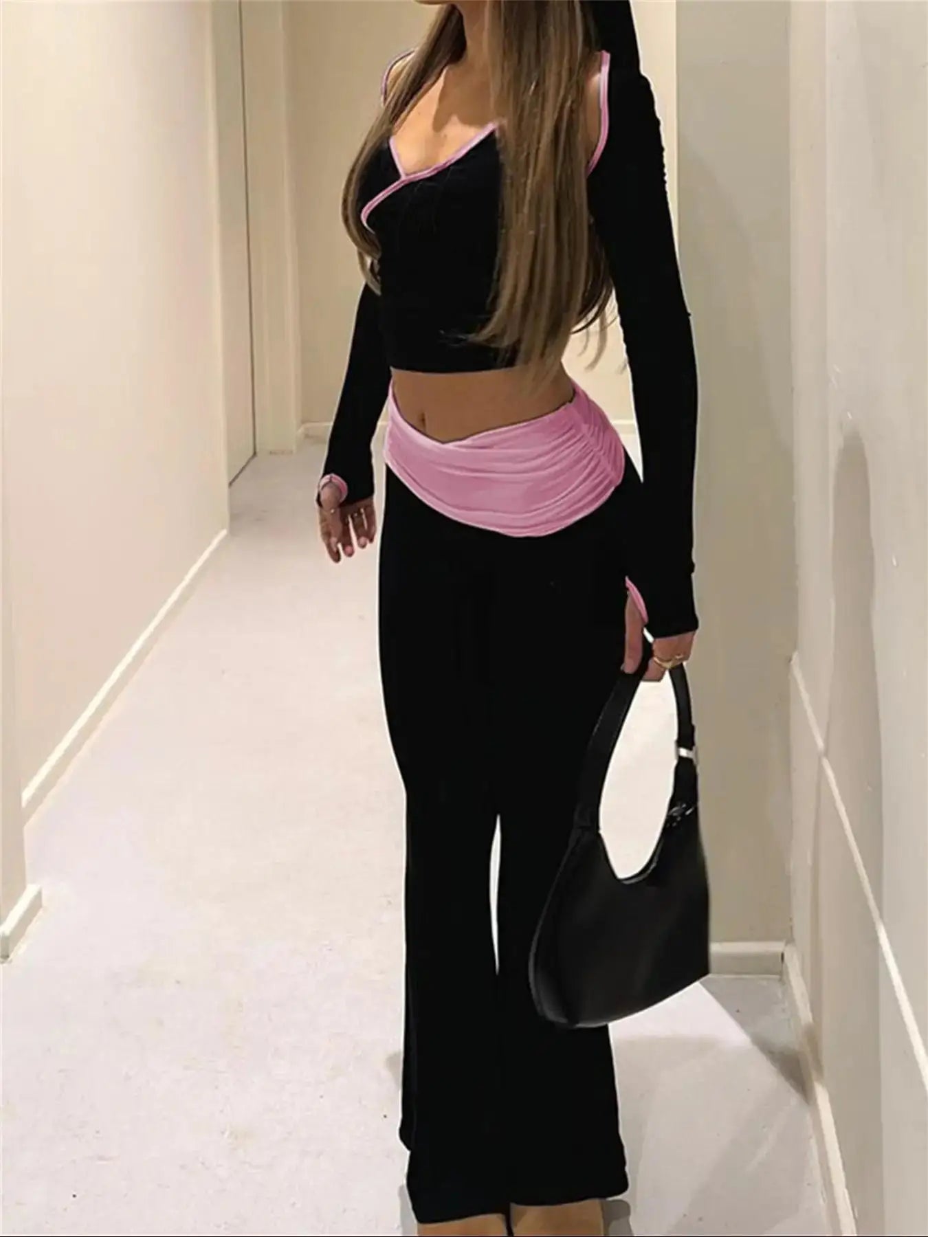 Contrast Patchwork Halter Neck Two Piece Pants Set Secondary image