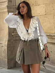 Fashion Solid V-neck Lantern Long Sleeve Blouse