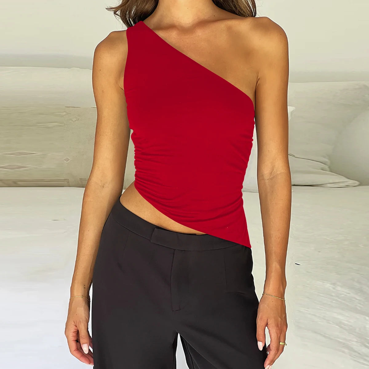One Shoulder Lace Up Mesh Sheer Top