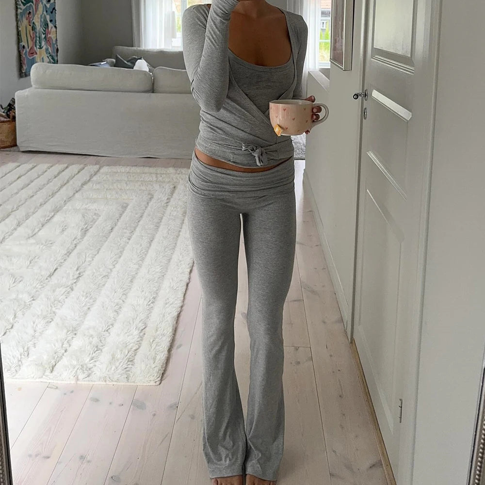 Y2K Tie-up Wrap V-neck Two Piece Pants Set