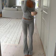 Y2K Tie-up Wrap V-neck Two Piece Pants Set