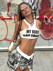 Sleeveless Letter Print Sheer Top