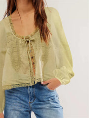 Women Long Sleeve Loose Casual Lace Patchwork Blouse