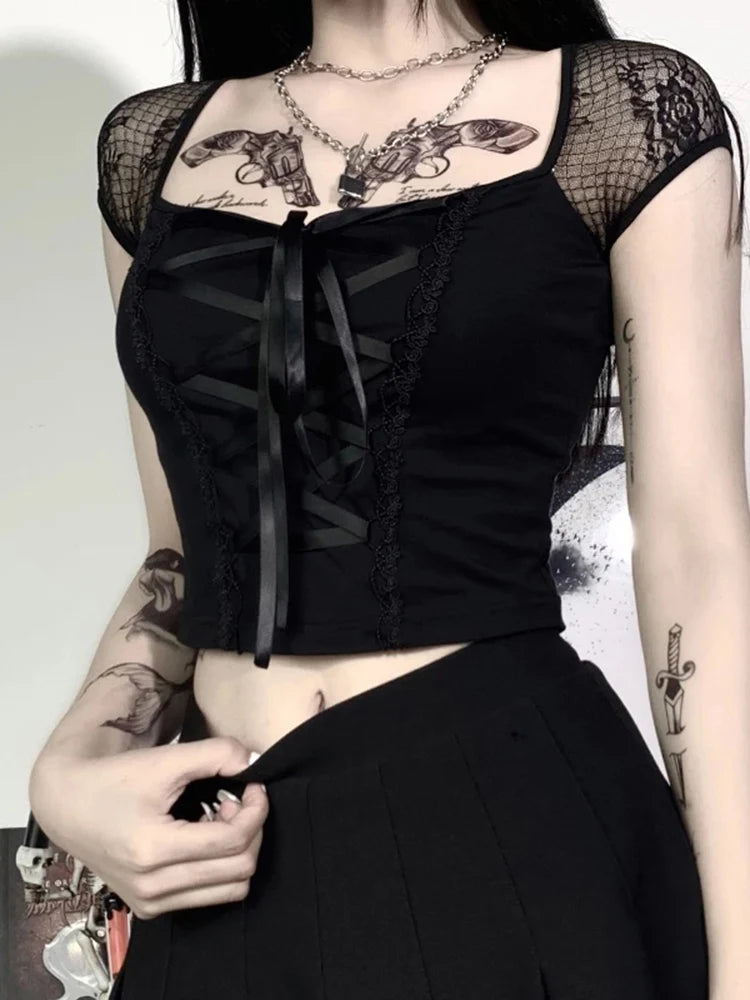 Goth Bodycon Lace Black Crop Top Main image