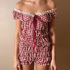 Vintage Ruched Off Shoulder Crop Top Two Piece Shorts Set