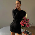 Floral Long Sleeve O-Neck Ruched Bodycon Work Dress