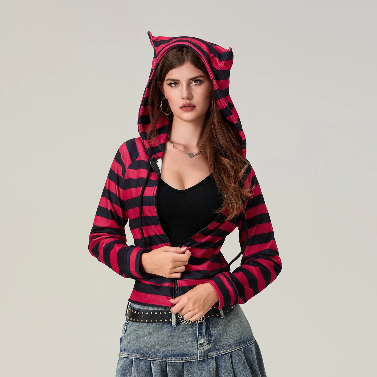 Striped Contrast Zip Cropped Hoodie Main image