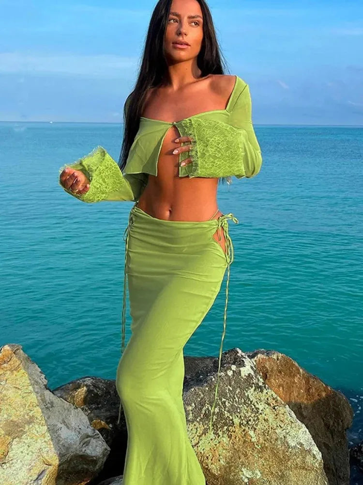 Green See Through Lace Cut Out Cropped Maxi Two Piece Skirt Set Main image