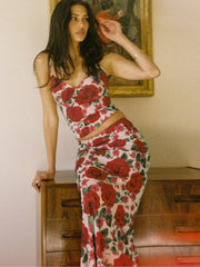 Floral Print Sleeveless Crop Printed Long Two Piece Skirt Set