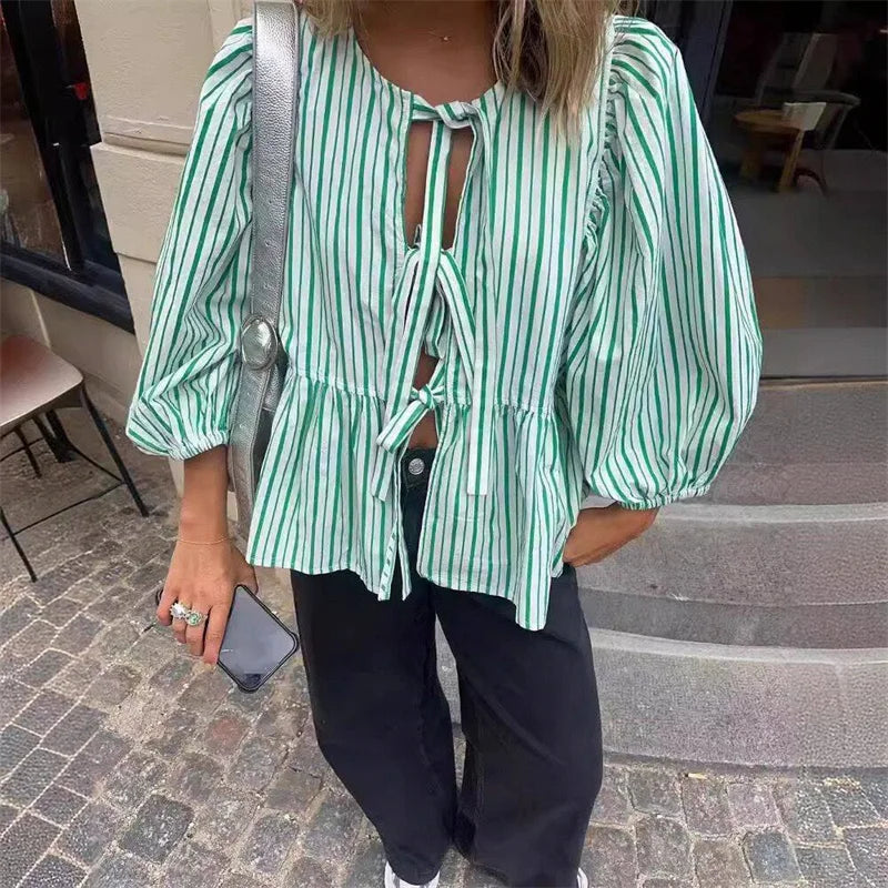 Bowknot Striped Puff Sleeve Cut Out Blouse Secondary image