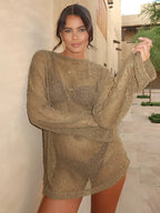 Hollow Out Long Sleeve Mesh Sheer Top