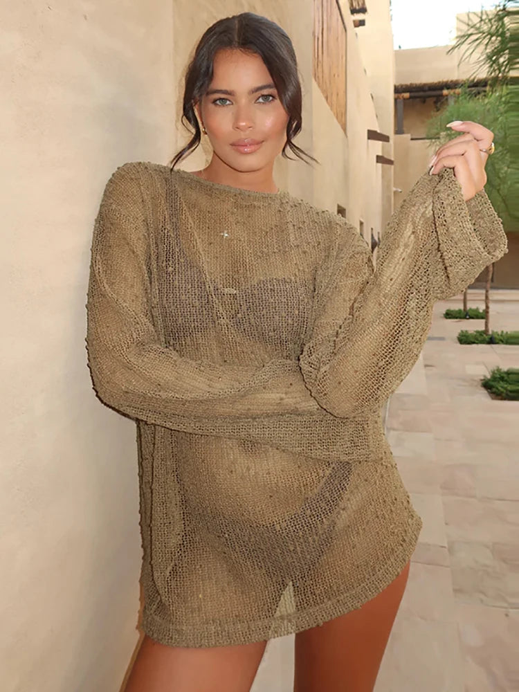 Hollow Out Long Sleeve Mesh Sheer Top
