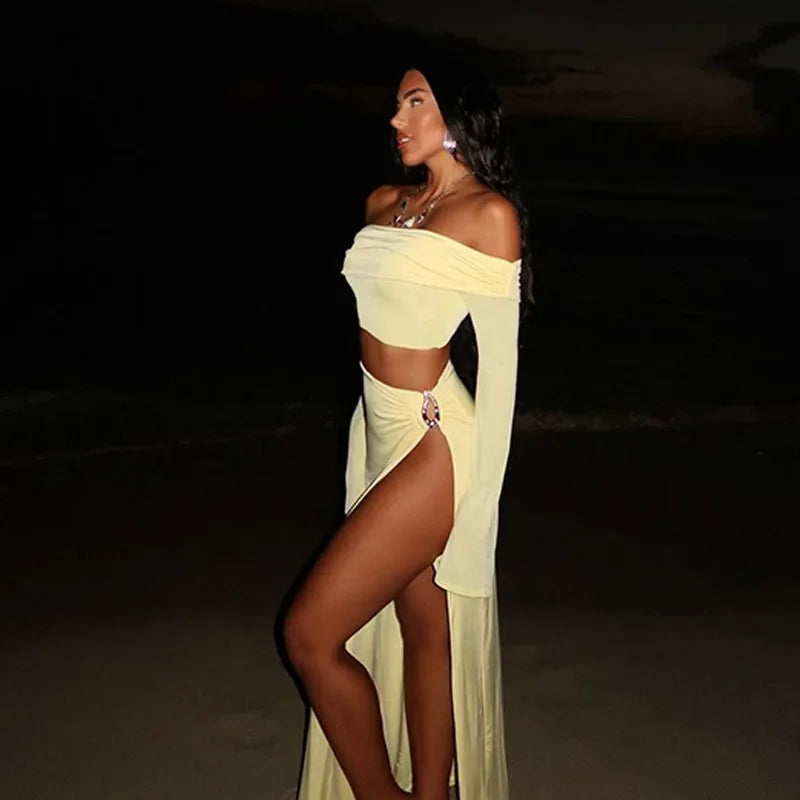 Solid High Split Bohemian Off Shoulder Two Piece Skirt Set Secondary image