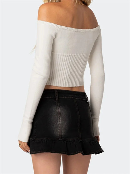 Off-Shoulder Crop Knitwear Solid Color Long Sleeve Tie-up Slim Fit Sexy T-shirts