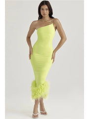 legant Spaghetti Strap Feather Midi Dress