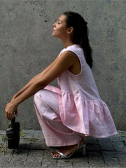 Pink Cotton Linen Ruffles Two Piece Pants Set