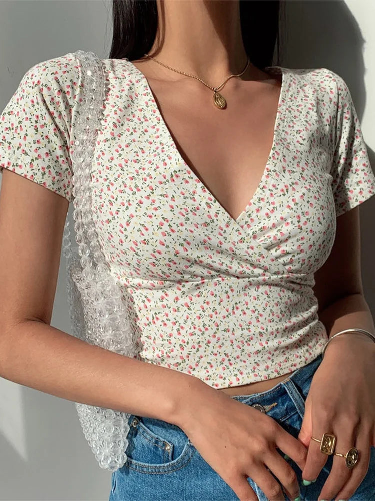 French Floral V-neck Slim Fit Crop Top Main image
